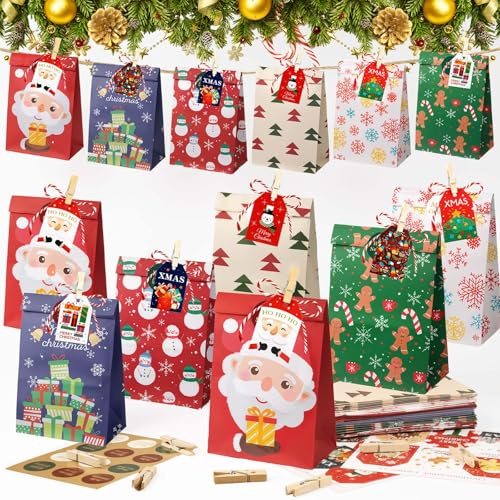Papiertüten, 24 Stück bunte Geschenktüten(12x8x21 cm) mit Aufklebern, Etiketten, und Holzklammern, Kraftpapier Tüten zum Verpacken von Geschenken für Kindergeburtstage, Hochzeiten, Partys und Feiern