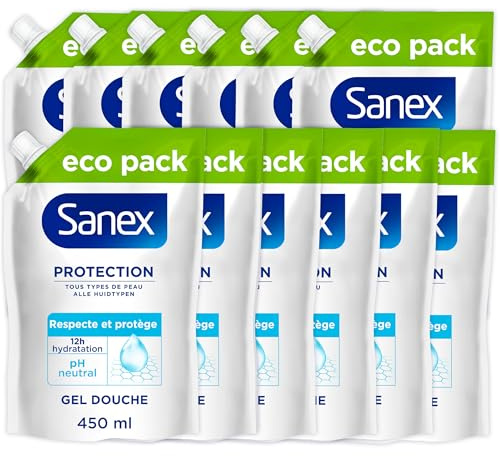 Sanex, Recharge Gel Douche Hydratant, Protection Douce, Lot de 12 x 450 ml | Recharges éco pack gel douche, Formule hydratante 12h aux prébiotiques naturels, Conçu pour protéger tous les types de peau