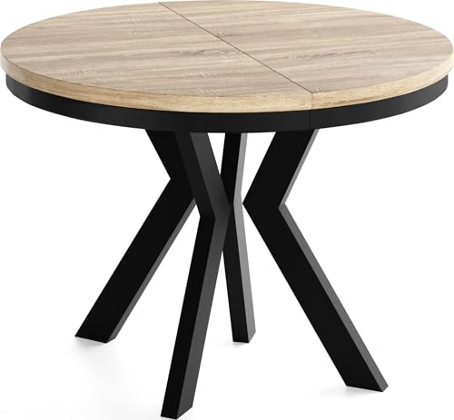 Runder Esstisch Ausziehbar 100-300 cm XXL Groß – Verlängerbar, für 5-14 Personen mit Schwarzen Holzbeinen & Metallring – Tisch für Wohnzimmer & Esszimmer in Eiche Sonoma Hellbraun