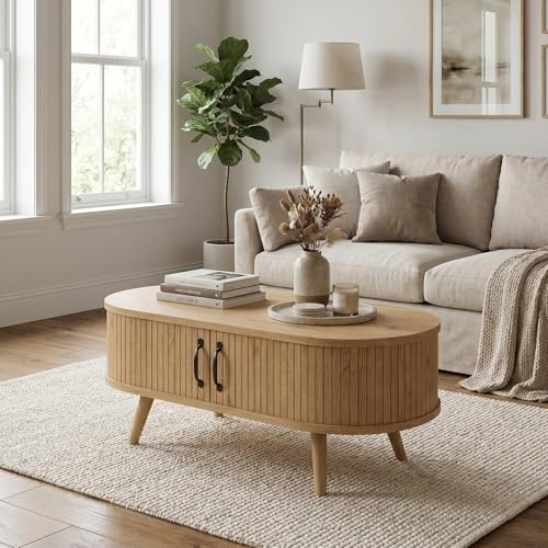 SJPVPYB Ovaler Couchtisch Holz mit Stauraum, Moderner Wohnzimmertisch mit geriffelten Fronten, Skandinavischer Design Beistelltisch für Wohnzimmer, Hellbraun (Eiche-Optik, Oval)