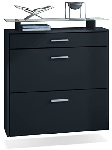 Vladon Zapatero Malea, Zapatero Colgante para 16 Pares de Zapatos con 2 Puertas abatibles y 1 Cajón y Estante de Cristal, Negro Mate/Negro Mate (89 x 96 x 23 cm)