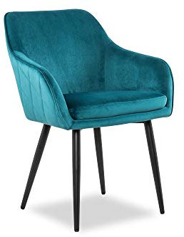 SalesFever Esszimmerstuhl Freja in Türkis | Bezug in Samt-Optik | Armlehnstuhl gepolstert mit Steppung | Gestell Metall Schwarz