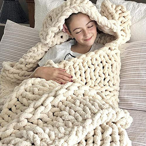 Chunky Knitted Throw Blanket FüR Sofa, Handmade Giant Gestrickte Decke 2,5 cm, Polyester Wool Grobstrick Decke FüR Schlafzimmer, Large Knit Throw Kuscheldecke Strick,Beige,150 * 200 cm