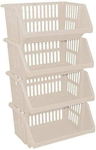 Optimal Products Large 4 Tier Stacking Baskets Storage Veg Rack Plastic Stackers 35 cm Kitchen Fruit Stand Shlef (Cream)