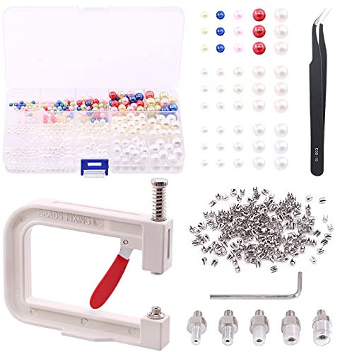 Tanstic 1332Pcs Pearl Setting Machine with Pear Set, 1330Pcs Different Sizes and Colors Pearls and Nails with Hand Press Pearl Setting Tool and Tweezers for Clothes, Handbags, Jewelry, Leather