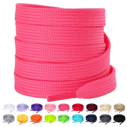 Olukssck 2 Paires Lacets Plats, Lacets Durable de Remplacement de 10mm de Qualité Pour Chaussures de Sport, Chaussures de Ville, Plusieurs Couleurs Et Longueurs, Rose foncé, 120cm