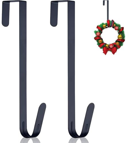 Christmas Wreath Hanger for Front Door, 15 Inch Christmas Wreath Door Hanger Metal Wreath Hanger Over Door Wreath Hook for Xmas Party Decor Door Wall Home Office (Black)