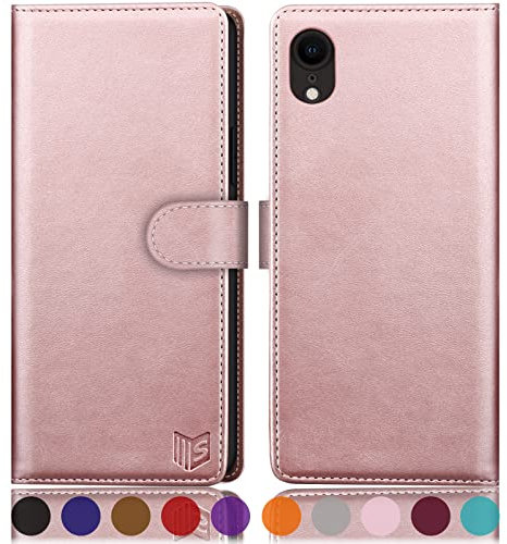 SUANPOT [RFID Schutz für iPhone XR 6,1-Zoll hülle PU Leder handyhülle Lederhülle klapphülle Kartenfach Flip Phone Case Cover für iPhone XR handyhülle Roségold
