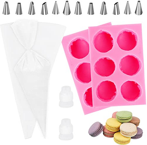 Lot de 2 moules à macarons en silicone 3D avec 6 cavités - Moule à bonbons macaron fondant avec 2 poches à douille et 12 douilles - Moule à gâteau macaron pour hamburgers, muffins, chocolat, bougies