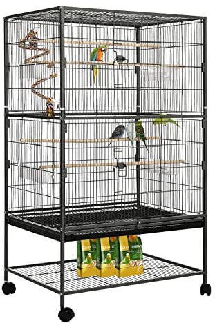 Vogelkäfig groß, Vogelkäfig aus Metall, Vogelbauer mit 4 Rollen, Wellensittich käfig mit Futternapf, Käfigspielzeug, Spring-Schaukel für Vogel mit 2 Türen 4 Holzstangen, 132 x 78 x 52 cm