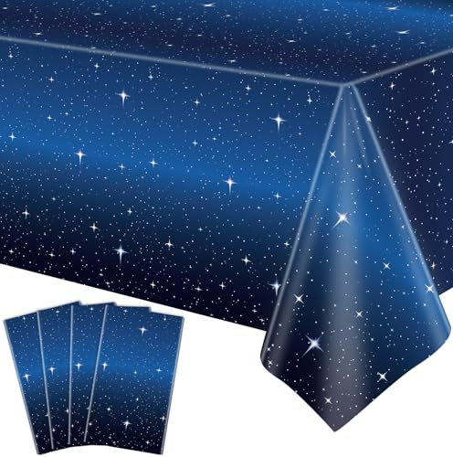 4 Stück Space Galaxy Party Kunststoff-Tischdecke, Weltraum-Galaxie-Motiv, rechteckige Kunststoff-Tischdecke, für Babyparty, Jungen, Mädchen, Geburtstagsparty-Zubehör, 130x 220 cm