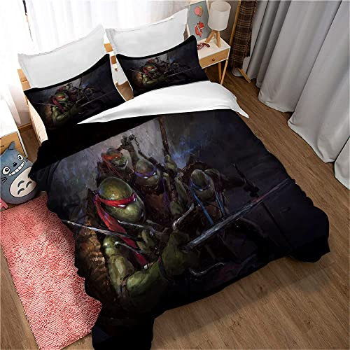 100% Reine Baumwolle Teenage Mutant Ninja Turtles Bettbezug Set Mit Verstecktem Verschluss, 3 Stück Weiche Wohnaccessoires Bettwäsche Und 2 Kissenbezüge (Schildkröten 07,135 x 200 cm)