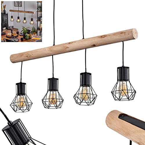HOFSTEIN Pendelleuchte Bardhaman, Hängelampe aus Metall/Holz in Schwarz/Natur, 4-flammige Hängeleuchte im Retro/Vintage Design mit Schirmen in Gitter-Optik (Ø 13 cm) u. Holzstab, Höhe max. 124 cm, E27