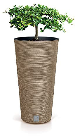 URBNLIVING Large Round Tall Concrete and Wood Look Planter Flower Plant Pot Indoor Outdoor Garden Decor (Natural)