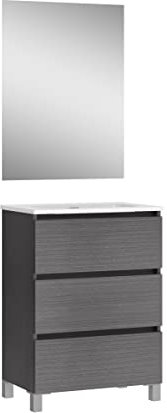 Baikal, Conjunto de baño Natura. Mueble de Baño de Fondo Reducido, con Lavabo cerámico. Distribución Tres Cajones. Mueble MONTADO. Tres Cajones con Espejo. Fondo 39cm 60 cm Ceniza