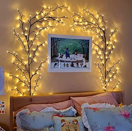 Beleuchtete Willow Vine, Weidenrebe Baum Lichter mit Stecker, 144 LED Willow Vine LED Baum, Twinkling Tree Wand Dekoration Schlafzimmer, Künstliche Lichterzweige für Innen Wanddeko