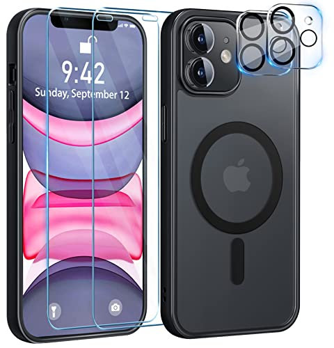 YisrLery 5-in-1 iPhone 11 Hülle für MagSafe mit 2 Stück Panzerfolie und 2 Stück Kameraschutz Militärnorm Schutz, PC Kratzresistente Rückseite Stoßfest TPU Bumper Magnetische Hülle 6,1'' (Schwarz)