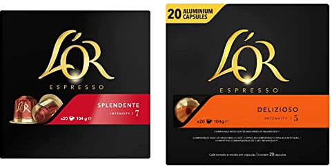 L'Or Espresso Café - 200 Capsules Splendente Intensité 7 - compatibles Nespresso®* (lot de 10 x 20) & Café - 200 Capsules Delizioso Intensité 5 - compatibles Nespresso®* (lot de 10 x 20)