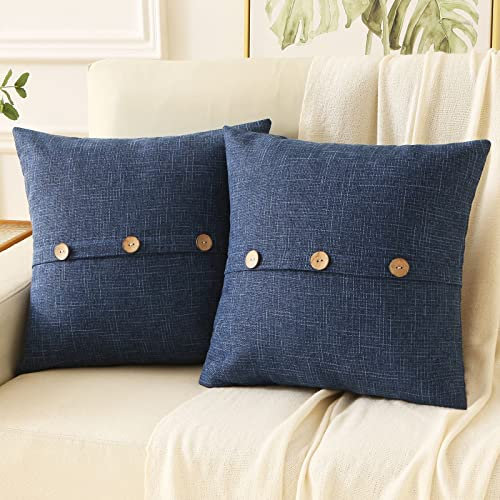 HAUSSY Dekorative Kissenbezüge aus Leinen, Dekokissen, Zierkissen, 55,9 x 55,9 cm, quadratisch, mit 3 Vintage-Knöpfen/verstecktem Reißverschluss, moderne Bauernhaus-Heimdekoration für Couch, Bett