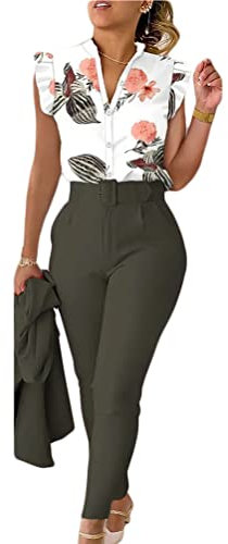shownicer Completo Due Pezzi da Donna Moda Senza Maniche Camicie Stampate e Pantaloni Set 2 Pezzi Tuta Business OL Formale per Ufficio Lavoro Casual Outfit A Verde XXL