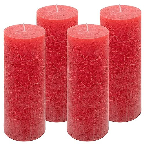 Rustik-Kerze Höhe 20 cm Ø 7,5 cm lange Brenndauer Rund-Kerze Säulenkerzen Kerzen-Deko Tafelkerzen Weihnachts-Kerzen Hochzeits-Deko (rot, 4)