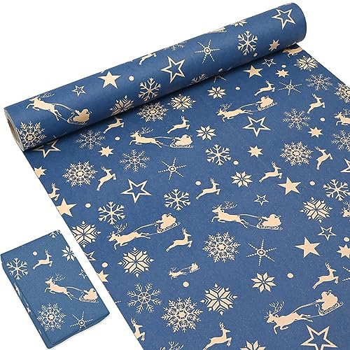 OTMVicor Rouleau de papier cadeau kraft recyclable, bleu marine imprimé avec étoile, flocon de neige, élan, motif festif pour emballage cadeau de Noël - 15 m x 43 cm