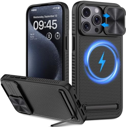 Vihibii for iPhone 15 Pro Max Case Compatible with MagSafe, Built-in Kickstand & Slide Camera Cover, Military-Grade Drop Protection Rugged Hard Magnetic Phone Case for iPhone 15 Pro Max 5G 2023, Black