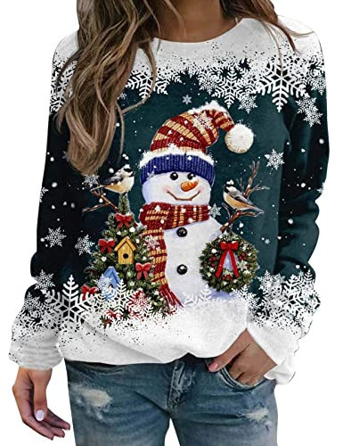 Weihnachtspullover Damen Langarmshirt, Pullover Weihnachten Damen Sweatshirt,Weihnachtsshirt Damen Langarm mit Schneemann Weihnachtsmotiv Große Größen Weihnachts Tshirt für Frauen Teenager Mädchen
