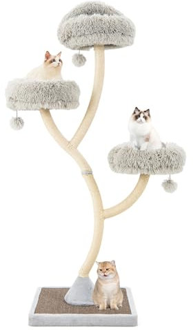 GOPLUS Arbre a Chat Moderne Hauteur 178 CM, Design Incurvé, Arbre à Chat avec Griffoirs et Planche en Sisal, 3 Perchoirs Chauds à 3 Niveaux, 3 Balles, Cadre en Métal, Idéal pour d'Intérieur (Gris)