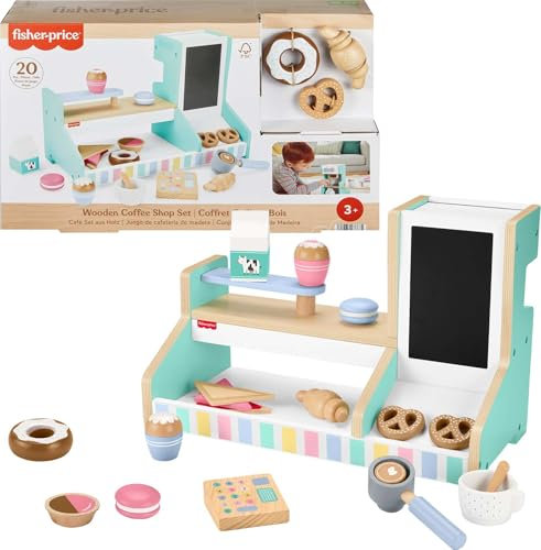 Fisher-Price Pretend Playset Wooden Coffee Shop with Toy Register, 20 Wood Pieces for Preschool Kids Ages 3+ Years