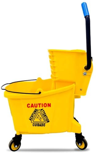 Berry Kentucky Mop Bucket with Wringer | 36L Mop Bucket on Wheels with Handle | Yellow Wringer Trolley with Caution Wet Floor Sign for Cleaning in Restaurants, Hospitals, Malls