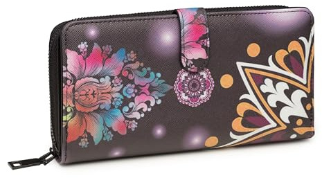 KARMA.DIEM Premium Damen Geldbörse Groß – Edles geprägtes Kunstleder mit Boho Mandala Design – Portemonnaie mit vielen Kartenfächern & Reißverschluss – Ethno Geschenkidee für Frauen (Dunkellila)