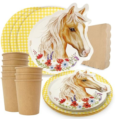 PARTY PARTY 40 Teile Pferde Party Set Gelb 8 Gäste, Partyteller in Pferdekopf Form, Partygeschirr Partybecher, karierte Pappteller, Servietten, Geburtstag Pferde Deko, Pferdegeburtstag