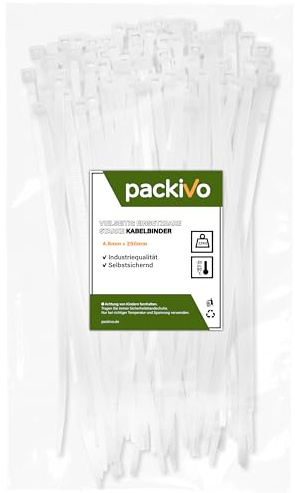 packivo Kabelbinder 4,8x250mm weiß, reißfest mit 22kg Zugkraft, Industriequalität - 100 Stück