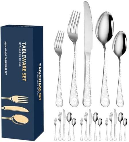 XIAOYU 20-Piece Bizarre Flatware Set, Gothic Skull Silverware Set for 4, Skeleton Flower Unique Pattern Design, Knives/Forks/Spoons Cutlery Set Halloween Event Tableware Utensils, Silver