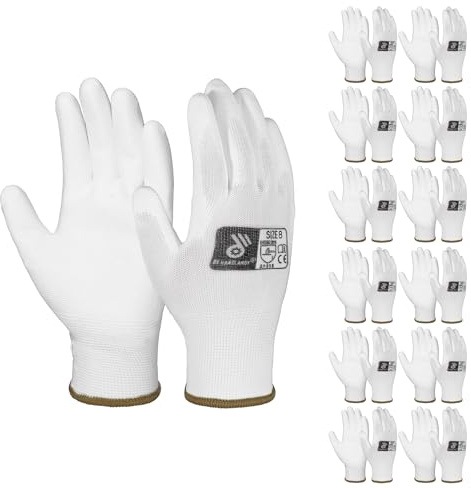 HANDLANDY PU Coated Nylon Protective Work Gloves, 12 Pairs, White, M | 13G Seamless Knit, Non-Slip Grip Safety Work Gloves for Men, for Mechanic, Construction, Driving, Warehouse, Gardening