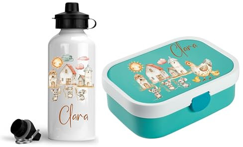 wolga-kreativ Personalisiertes Set Mepal Campus Kinder Brotdose und Trinkflasche Mädchen Junge Maus Huhn Lunchbox mit Fächer Unterteilung Pausenset Geschenk Schule Kindergarten