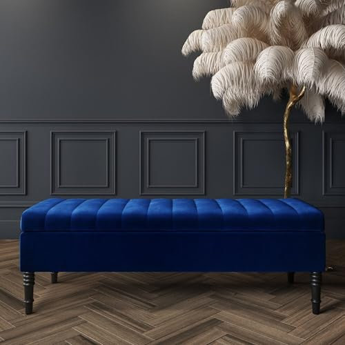 90cm Wide Safar Ottoman Storage Bench, Plush Shoe Bench with Storage, Velvet Footstool, Lined Upholstered Coffee Table, End of Bed Bench, Hallway Bench (Sapphire Blue Velvet, 3ft (90x40x40) CM)