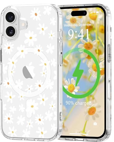 L-FADNUT Magnetic for iPhone 16 Plus Case, Compatible with Magsafe Floral Pattern Design, Clear Girly Flower Cover Slim Bumper Shockproof Protective Phone Case for iPhone 16 Plus White