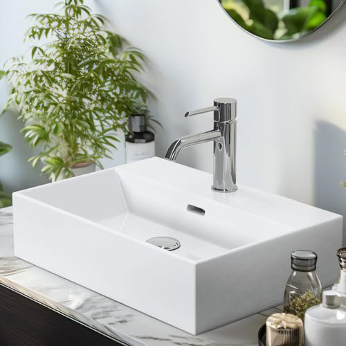 EMKE Lavabo de baño, Rectangular, 515 x 365 x 130 mm, lavabo de cerámica, Blanco brillante, Montaje en pared y Encimera, Lavabo sobre encimera para baño y aseo