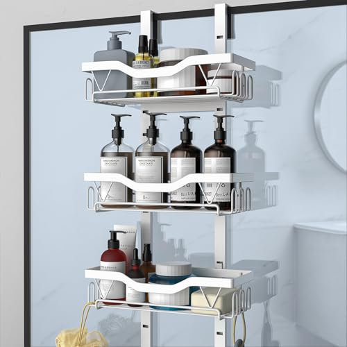 UUlioyer Estanteria Baño para Colgar, 3 Niveles Estante Ducha Ajustable, Estanteria Baño sin Taladro para Colgar en Puertas de Ducha de Vidrio (Blanco- 3 Capas)