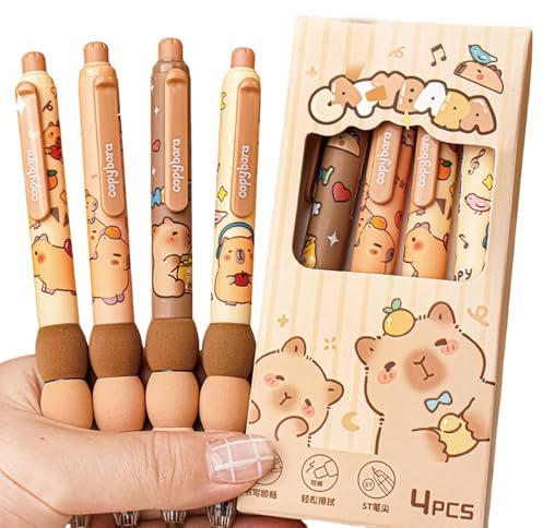 Flanliy Capybara Stifte Set | 4 Stück Capybara Radierbarer Kugelschreiber Stifte Set Capybara Gelstifte Radierbar Einziehbare Stifte Schreibwaren für Schule, Büro,Capybara-motto-partygeschenke (A)
