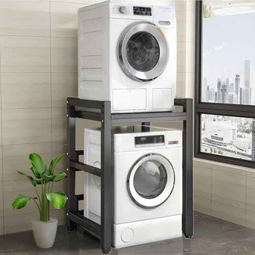 FKKPRVAX Portable Stacking Kit For Tumble Dryers, Floor Standing Washer-Dryer Rack With Shelves, Height Adjustable, Storage Rack For Tumble Dryers And Dishwashers, Load Capacity 800 Kg (Black 2)