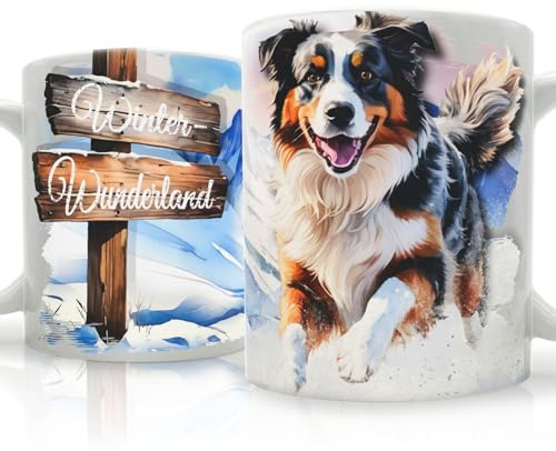 Generisch Australian Shepherd – Keramiktasse mit Hund |„Winter Wunderland“ | winterliche Kaffeetasse | Geschenk zu Weihnachten | Hunde Tasse | für Partner & Freundin