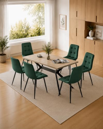 LEWE esstisch Holz mit 6 Dunkelgrün Holländischer Samt stühlen Set | Helle Rechteckig Tischplatte 140 x 80 cm, Stuhl-und Tischbeine aus Metall, ergonomisch, geeignet für Küche Wohnzimmer