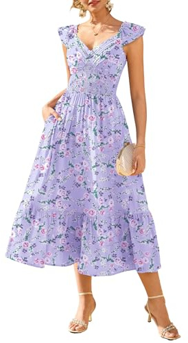 GRACE KARIN Womens Floral Summer Dress Pockets, V-Neck Ruffled Sleeves Smocked A-Line Dresses for Women UK, Wedding Guest Holiday Dresses Boho Beach Purple-Rose Floral M