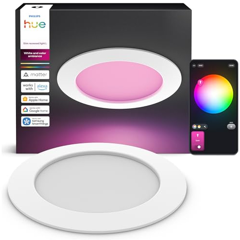 Philips Hue Slim Downlight, Einbaustrahler mit LED-Leuchte, 1.000 lm, 90 mm, Schlankes Design, Vollspektrum-Tagesl. 1.000–20.000 K, Stufenlos Dimmbar, Präzise Farbe, Smart Lighting, Weiß, 3er-Pack ​