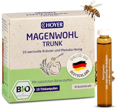 HOYER Magenwohl-Trunk BIO - 10 x 10 ml Trinkampullen | Honigwein mit 10 magenfreundlichen Kräutern & echtem Manuka-Honig MGO 250+ - Rein natürlich, ohne Zusatzstoffe