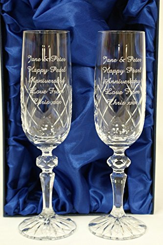 Engraved/Personalised Pair of Crystal Champagne Flutes Glass Gift For Bride & Groom/Wedding/Silver/Ruby/Golden Anniversary/Retirement/Leaving Present