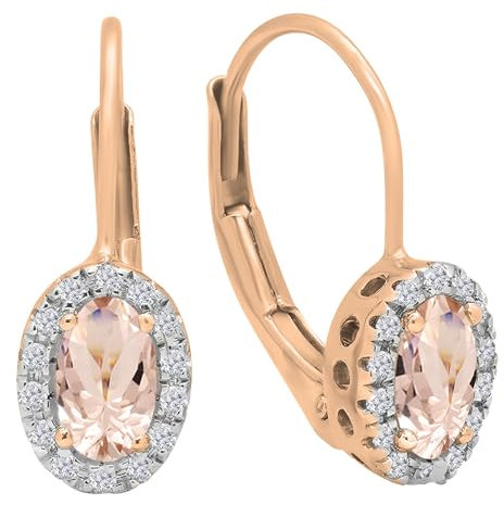 14 Karat Rotgold Ovalschliff Morganit & Rundschliff weißer Diamant Damen Halo-Stil Creolen, 14K - Metal Stamp, Roségold, Natürlicher Morganit Natürlicher weißer Diamant